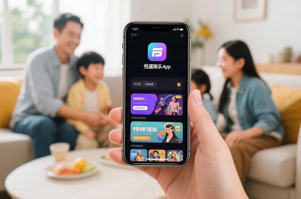 智能手机上展示恒盛娱乐App的多样娱乐功能，背景为轻松愉快的家庭环境